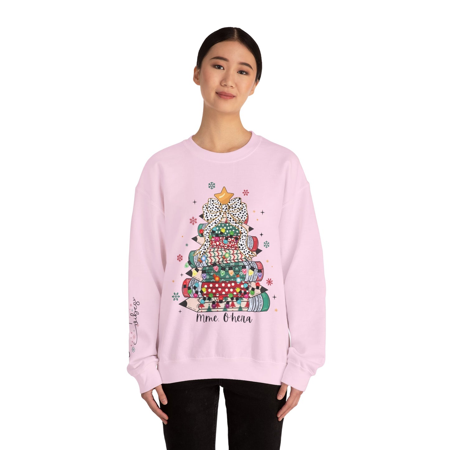 Personalized Teacher Christmas Crewneck Sweatshirt - Christmas Tree and Pencils Design