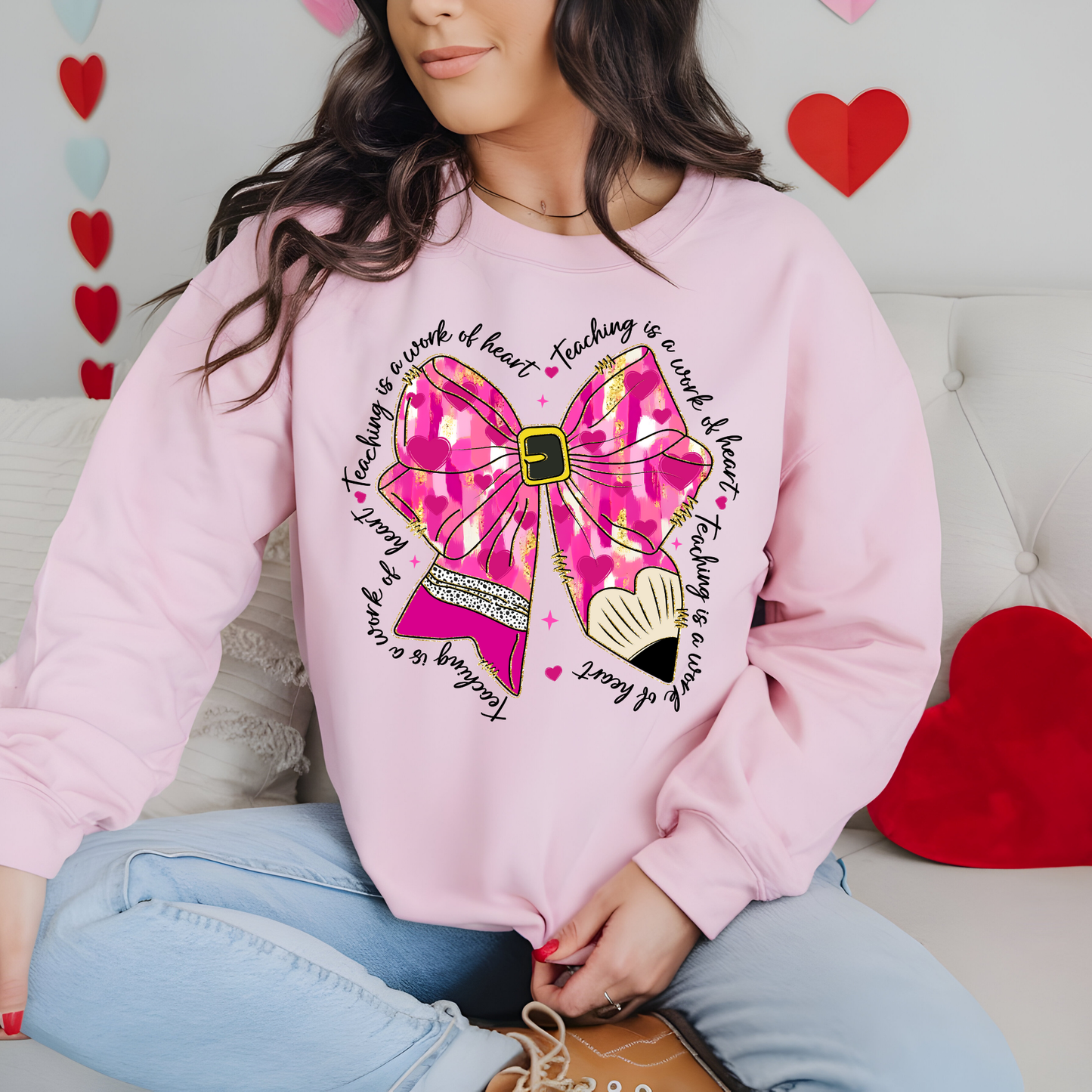 Glitter Bows, Hearts, and Pencil Valentine’s Day Sweatshirt- Teaching is a Work of Heart