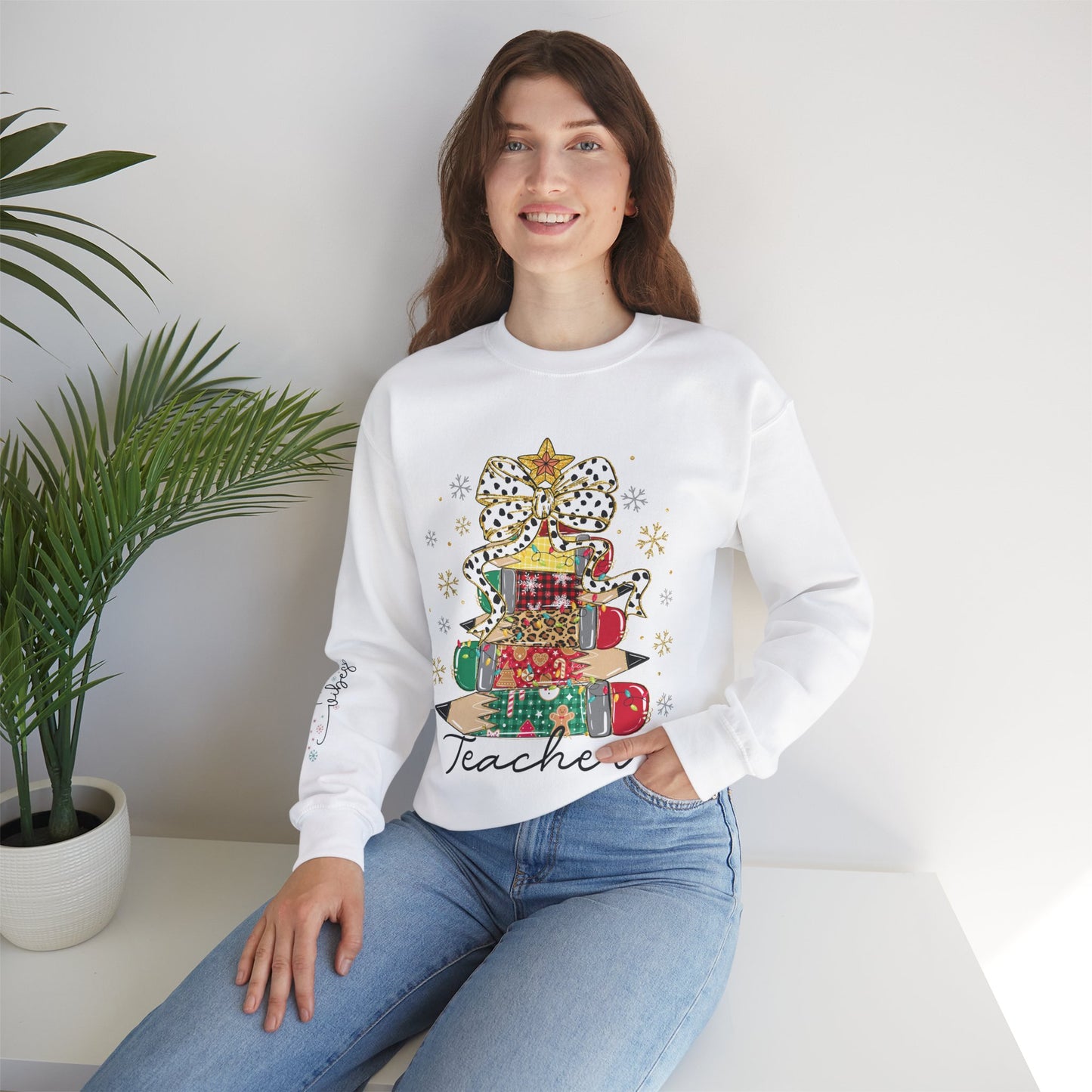 Teacher Christmas Crewneck Sweatshirt - Christmas Tree and Pencils Design