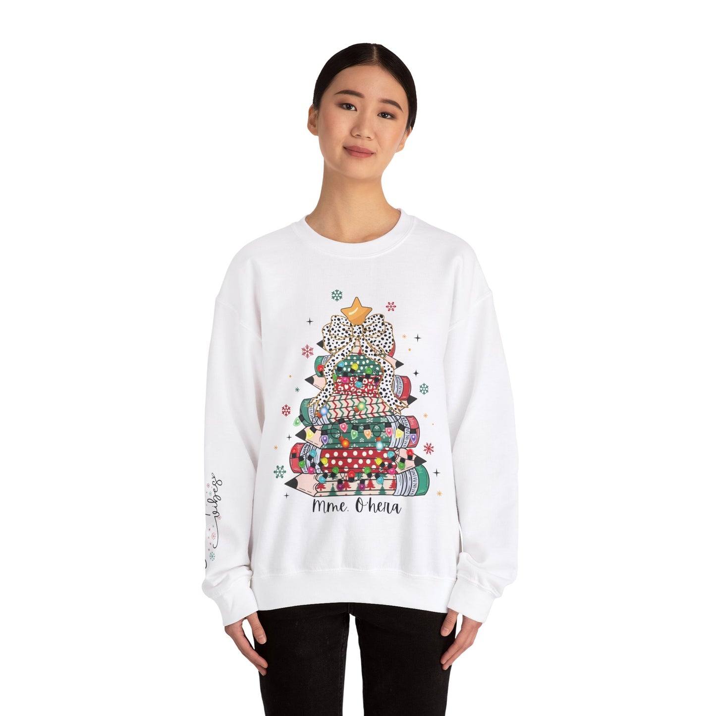 Personalized Teacher Christmas Crewneck Sweatshirt - Christmas Tree and Pencils Design