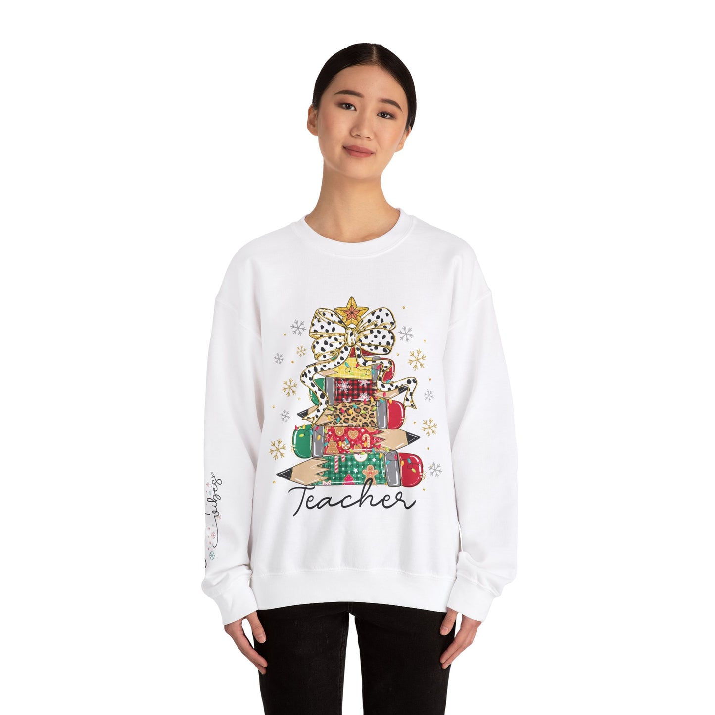 Teacher Christmas Crewneck Sweatshirt - Christmas Tree and Pencils Design