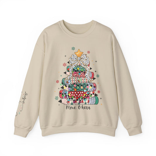 Personalized Teacher Christmas Crewneck Sweatshirt - Christmas Tree and Pencils Design