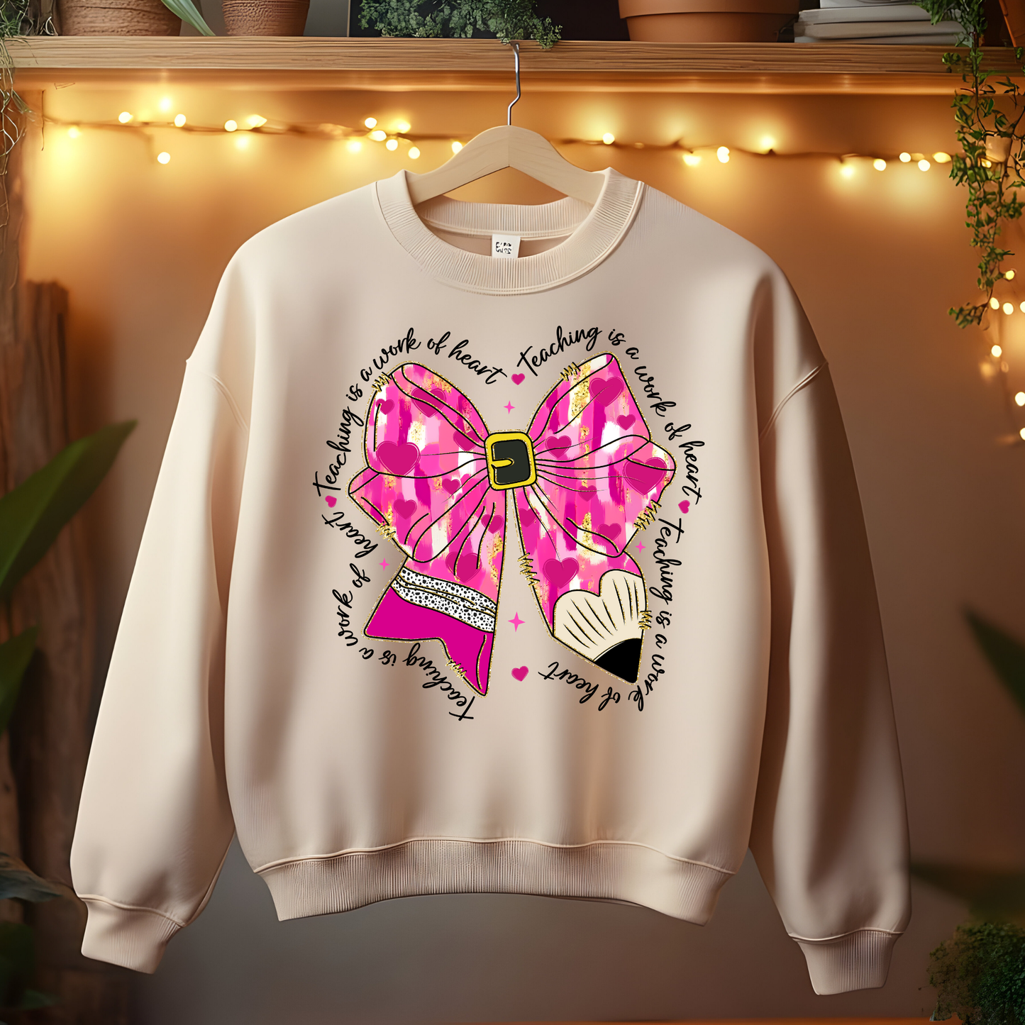 Glitter Bows, Hearts, and Pencil Valentine’s Day Sweatshirt- Teaching is a Work of Heart