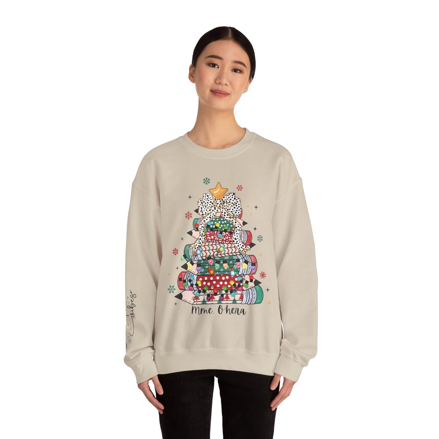 Personalized Teacher Christmas Crewneck Sweatshirt - Christmas Tree and Pencils Design