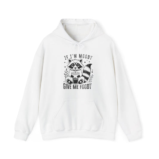 Raccoon Hooded Sweatshirt with 'If I'm moody give me my foody' Quote