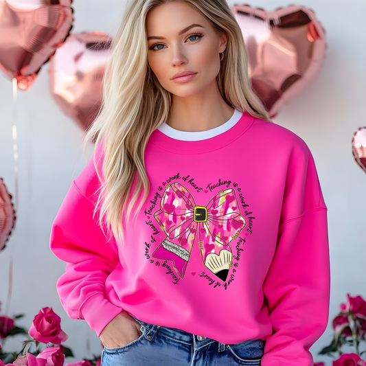 Glitter Bows, Hearts, and Pencil Valentine’s Day Sweatshirt- Teaching is a Work of Heart