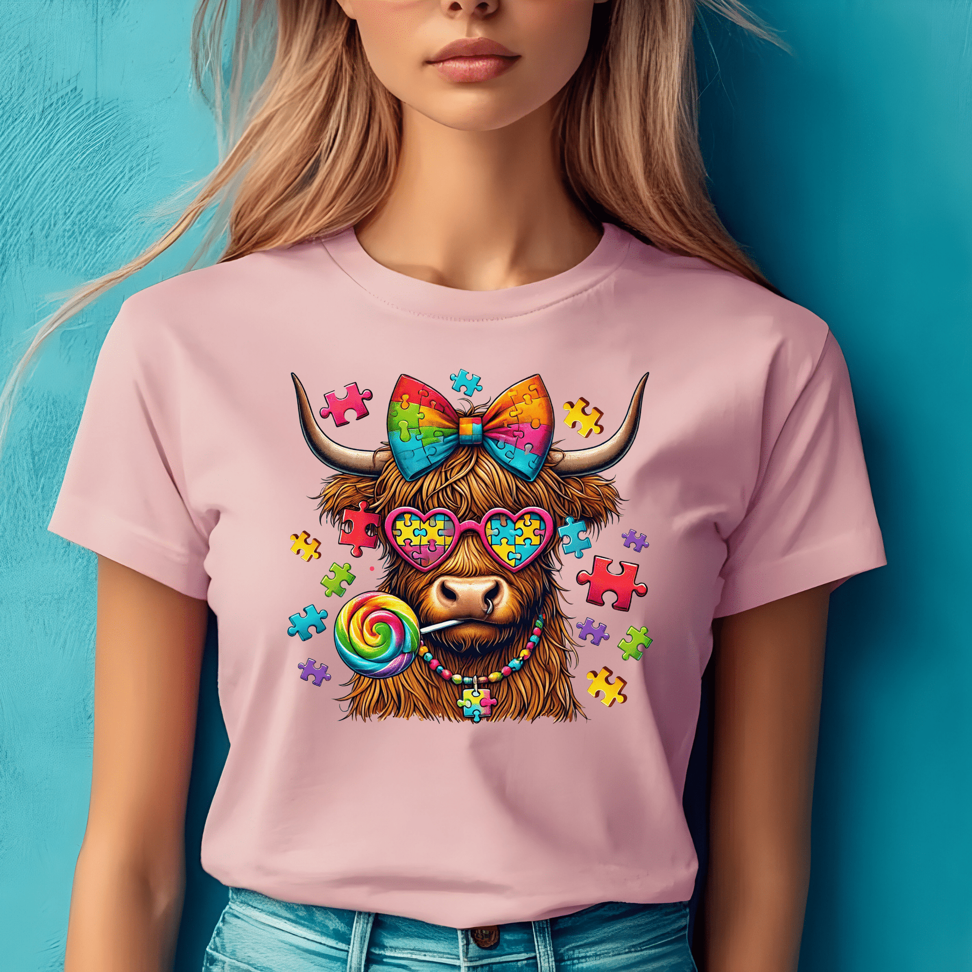 Ink and Charms Designs T-Shirt Empowering Minds - Autism Highland Cow design