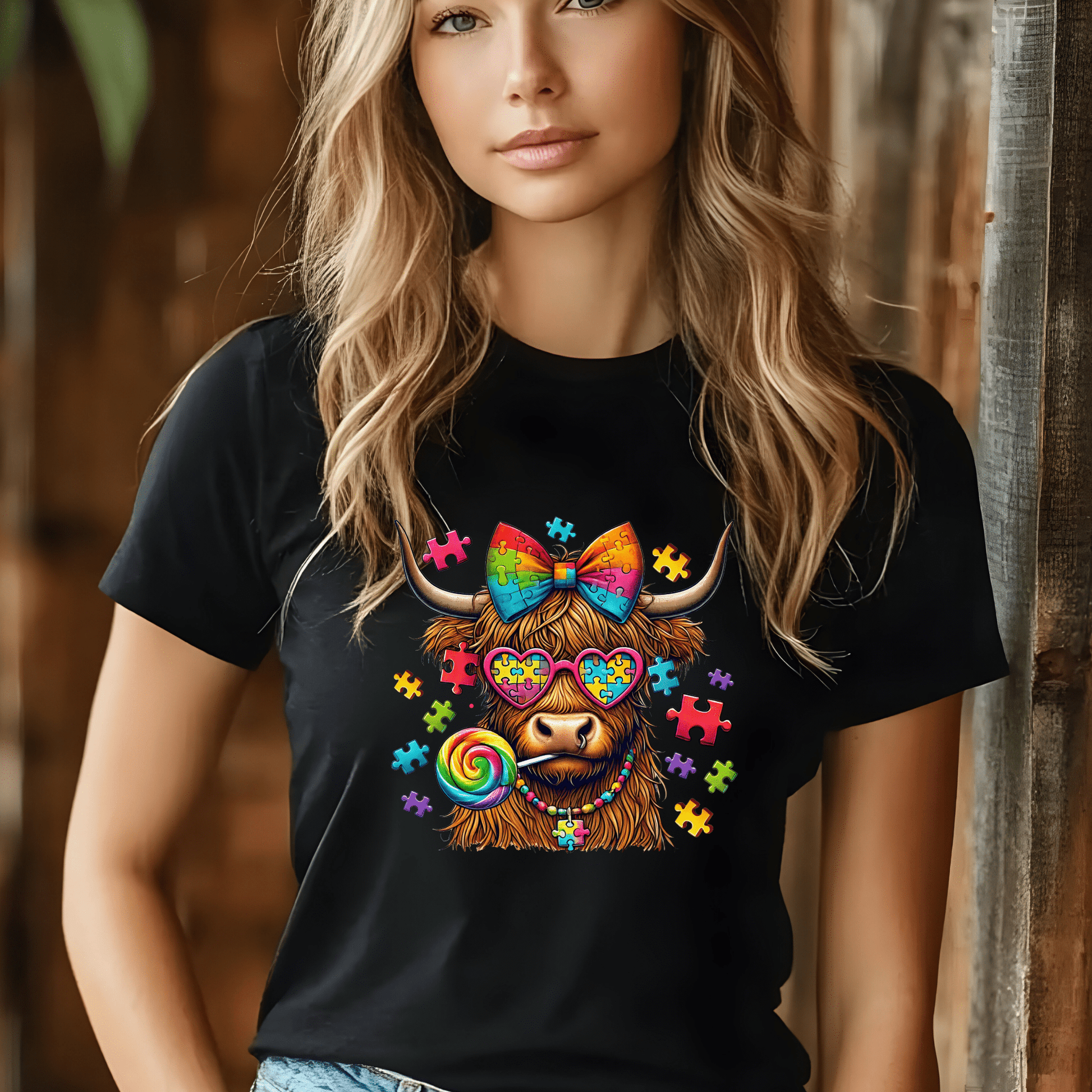 Ink and Charms Designs T-Shirt Empowering Minds - Autism Highland Cow design