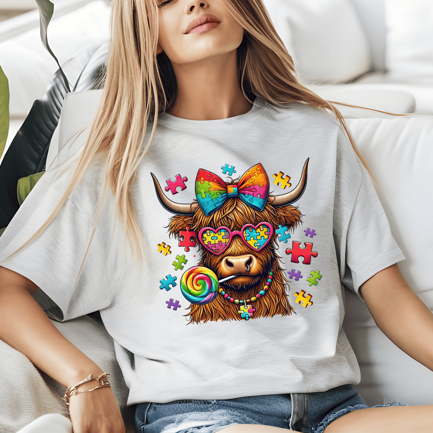 Ink and Charms Designs T-Shirt Empowering Minds - Autism Highland Cow design